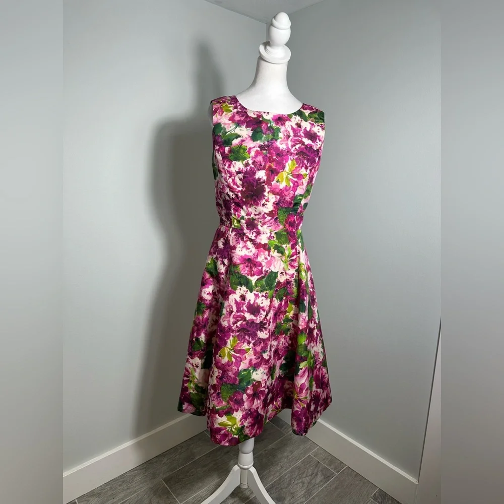 Oscar de la Renta Silk Floral Party Poplin Fit & Flare  Cocktail Midi Dress Sz 8 - Picture 3 of 16
